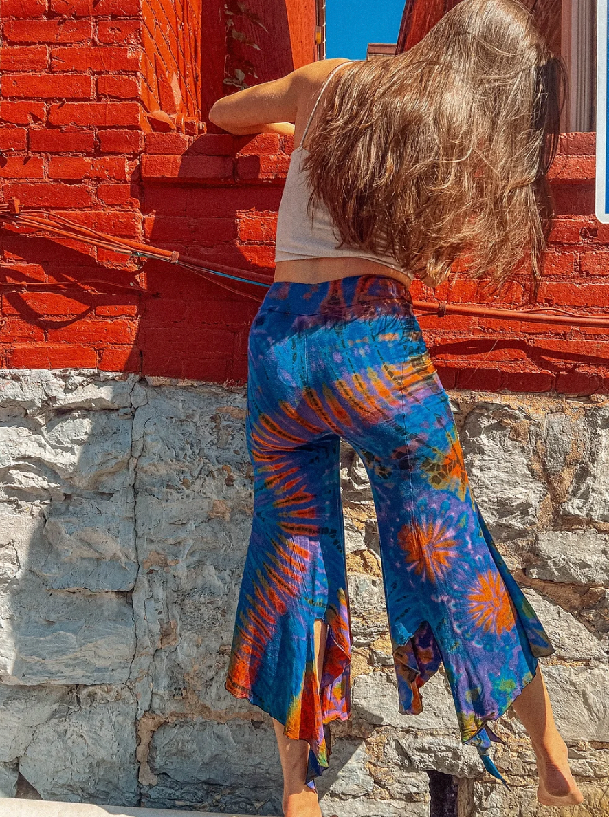 Hippie Boho Fairy Yoga Tie Dye Pants, Hand Dye Stretch Pant: Purple / Regular
