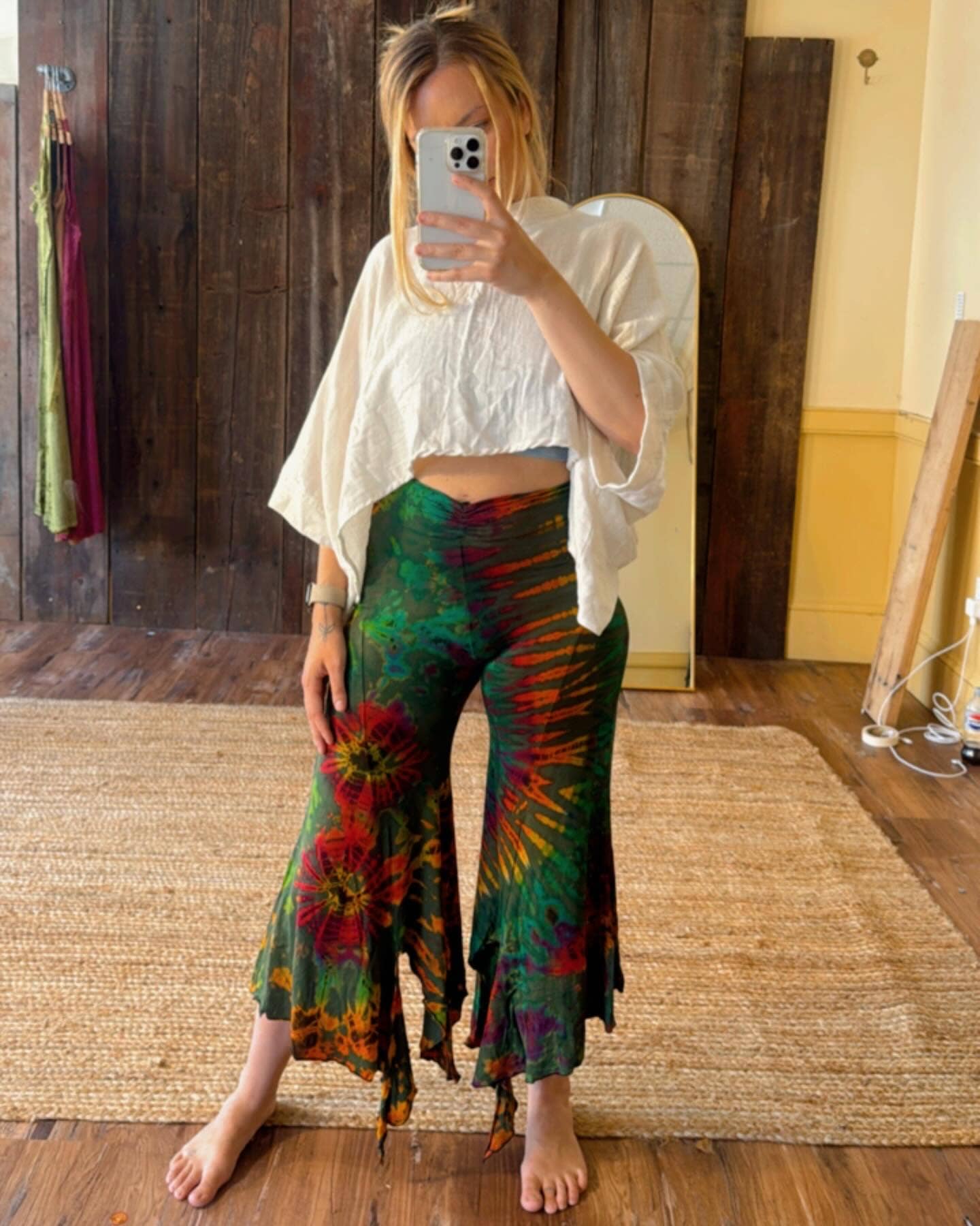 Hippie Boho Fairy Yoga Tie Dye Pants, Hand Dye Stretch Pant: Green / Plus