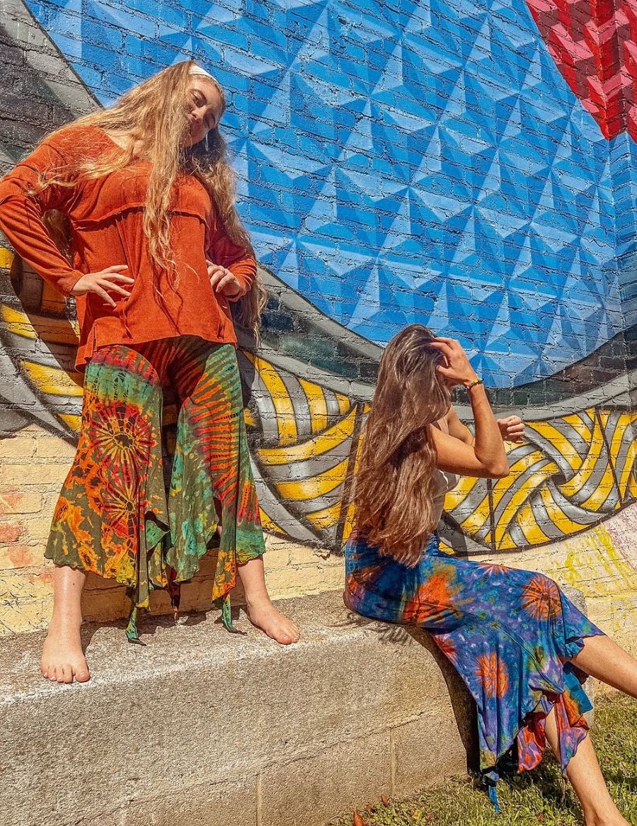 Hippie Boho Fairy Yoga Tie Dye Pants, Hand Dye Stretch Pant: Green / Regular