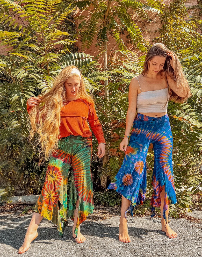 Hippie Boho Fairy Yoga Tie Dye Pants, Hand Dye Stretch Pant: Purple / Regular