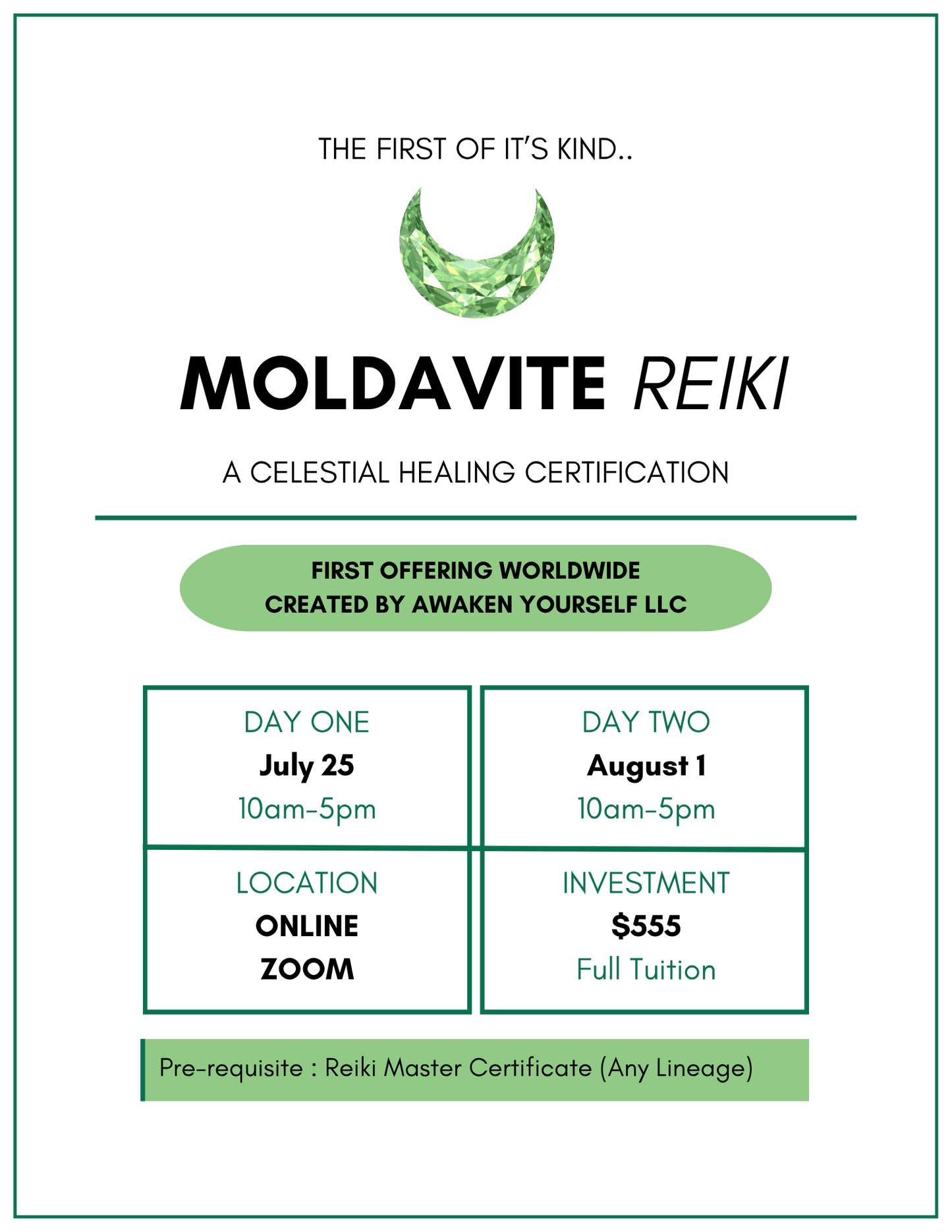 July Moldavite Reiki Upgrade Class - VIRTUAL - July 25 & August 1