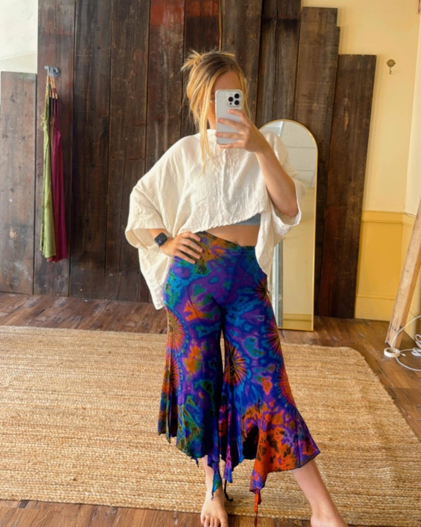 Hippie Boho Fairy Yoga Tie Dye Pants, Hand Dye Stretch Pant: Green / Plus