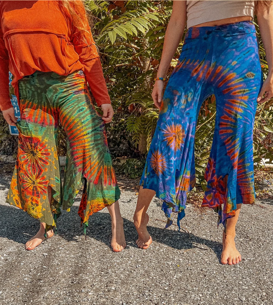 Hippie Boho Fairy Yoga Tie Dye Pants, Hand Dye Stretch Pant: Purple / Regular