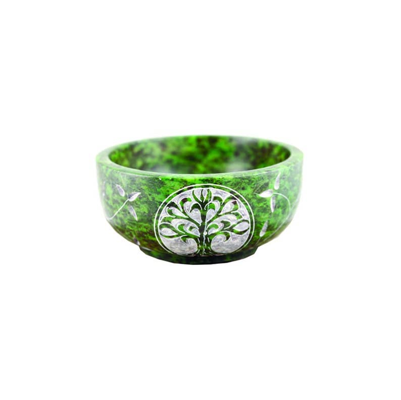 Hand Carved Soapstone Smudge Bowl - Green Tree of Life