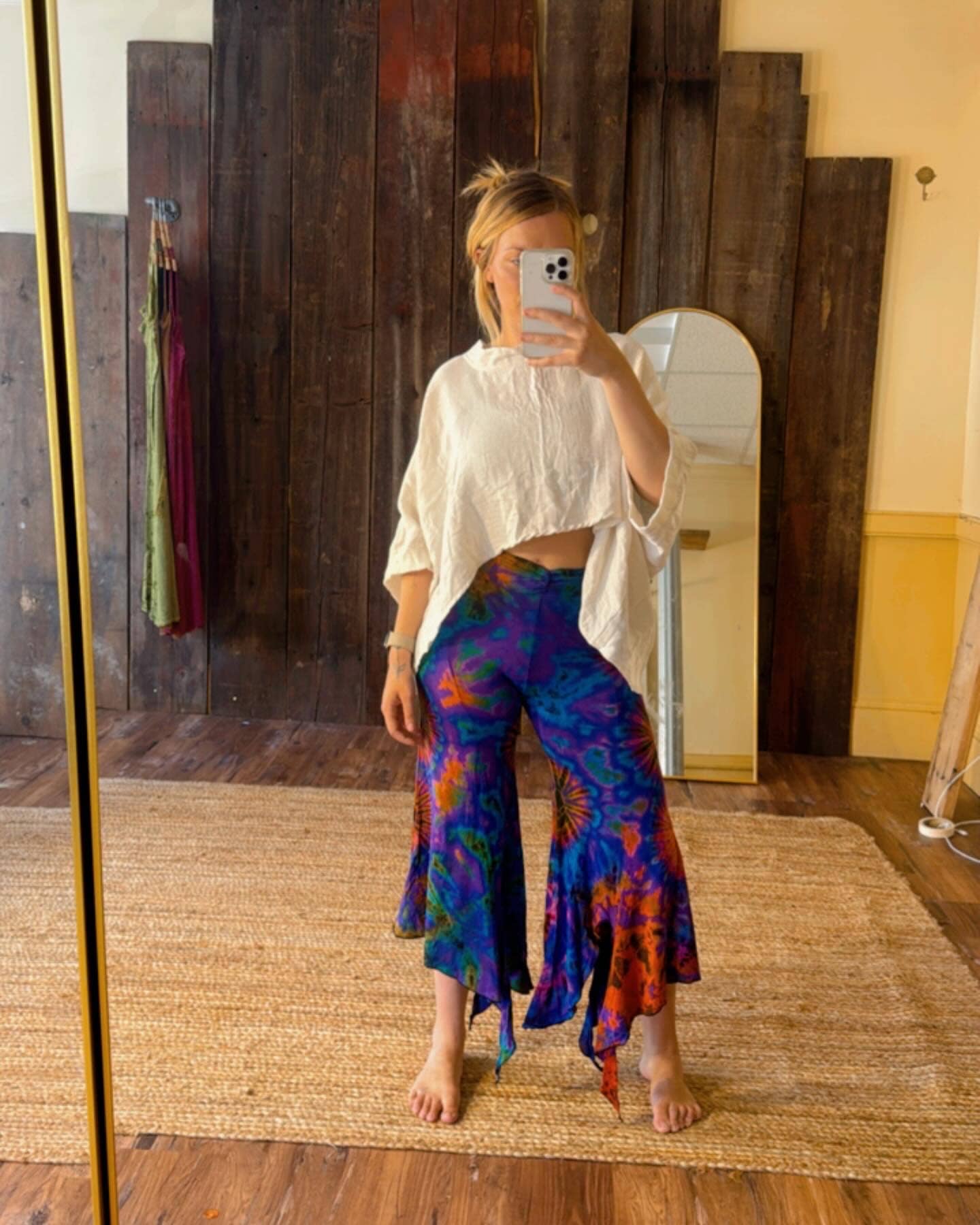 Hippie Boho Fairy Yoga Tie Dye Pants, Hand Dye Stretch Pant: Purple / Regular