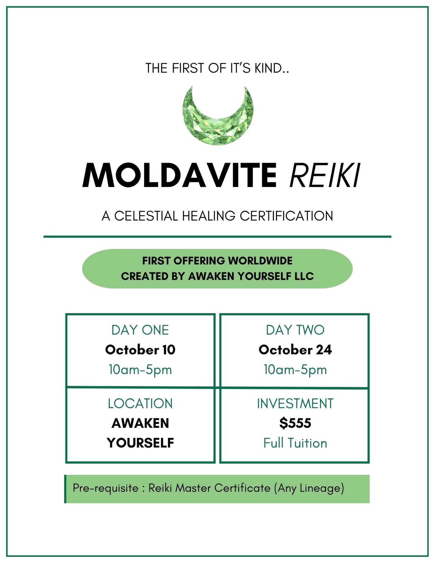 October Moldavite Reiki Upgrade Class - In person