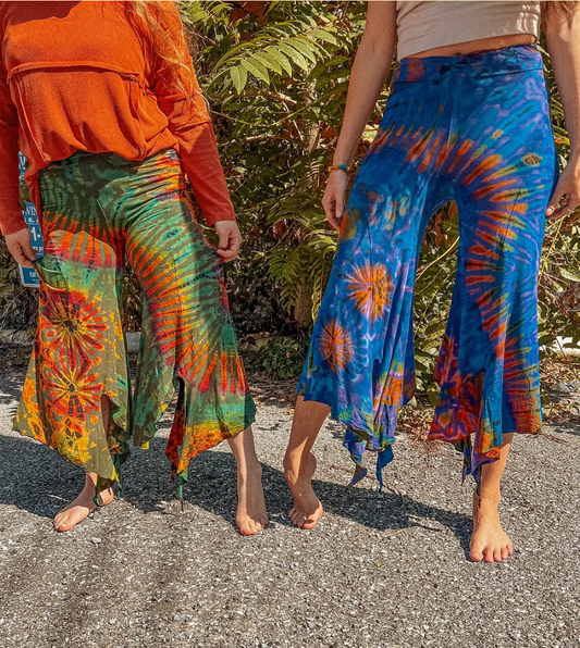 Hippie Boho Fairy Yoga Tie Dye Pants, Hand Dye Stretch Pant: Green / Plus